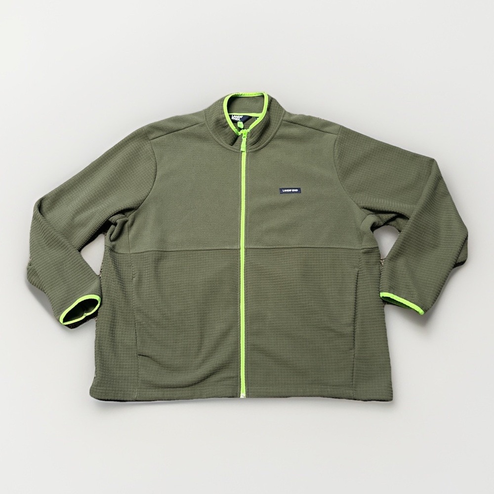 Lands End Fleece Jacket Mens XXL  Green Fleece‎ Zip Up Pockets Outerwear